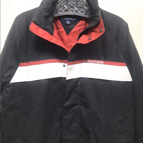 Tommy Hilfiger Men’s Sport Coat Windbreaker Detachable Hood Black Red White M - Picture 4 of 12
